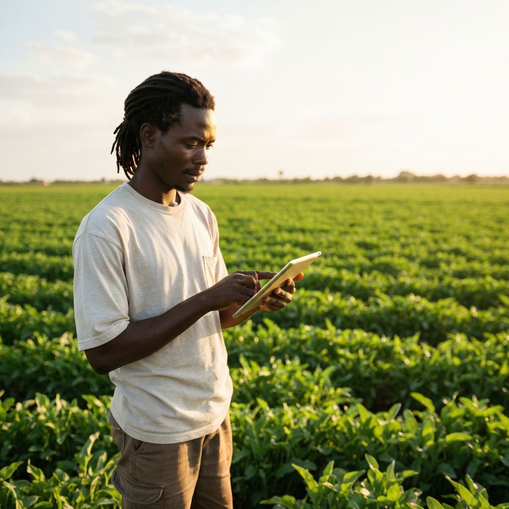 African farmer using tablet technology in field